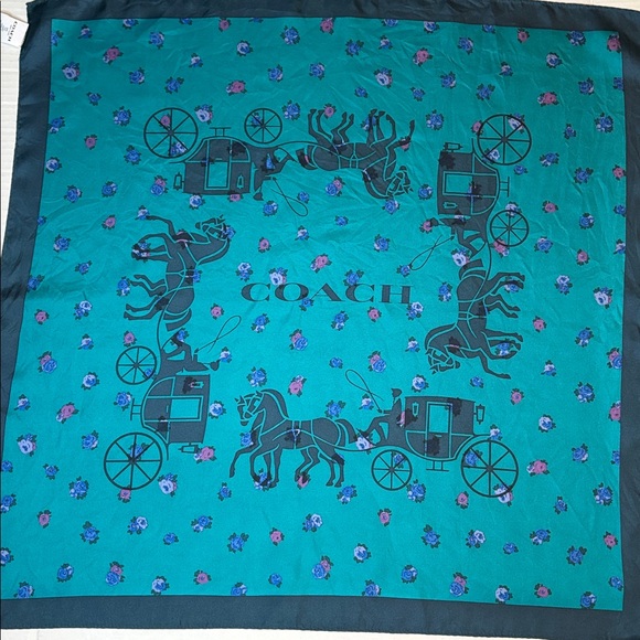 Coach Accessories - Coach Green Floral Scarf with Horse Carriage Design 100% silk square